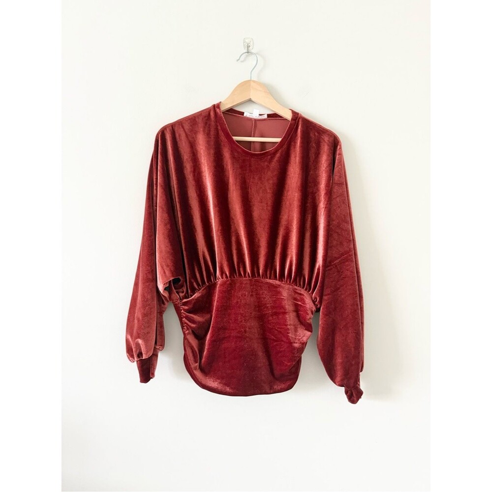 THML Velvet Long-Sleeve Pullover Top with Ruching Detail in Rust Size S